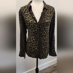 Leopard Print Long Sleeve Notched Collar Blouse